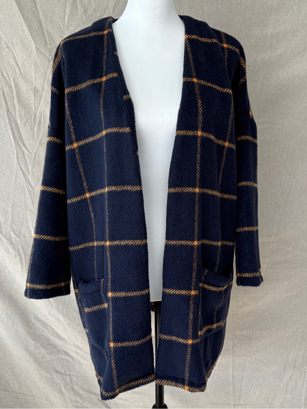 Zaful XL Open Front Cardigan Windowpane Plaid Navy Orange